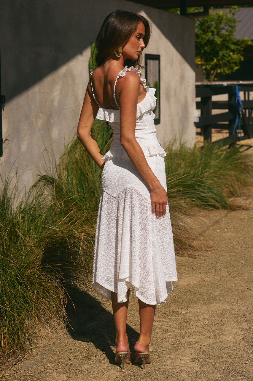 ROXELLE HANDKERCHIEF MIDI SKIRT - WHITE - ROXELLERUFFLESPLITFRONTTOPXROXELLEHANDKERCHIEFMIDISKIRT-WHITE-6