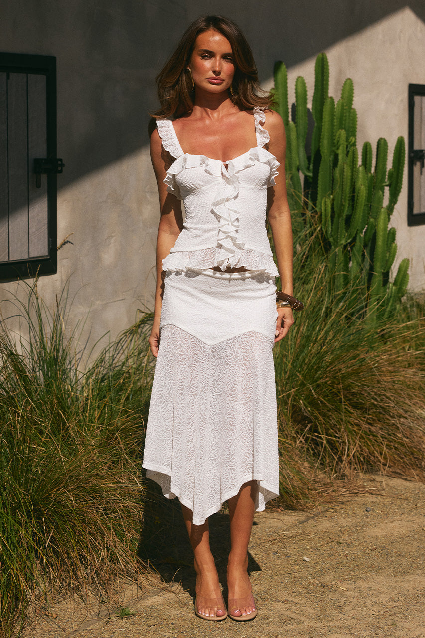 ROXELLE HANDKERCHIEF MIDI SKIRT - WHITE XXL - ROXELLERUFFLESPLITFRONTTOPXROXELLEHANDKERCHIEFMIDISKIRT-WHITE