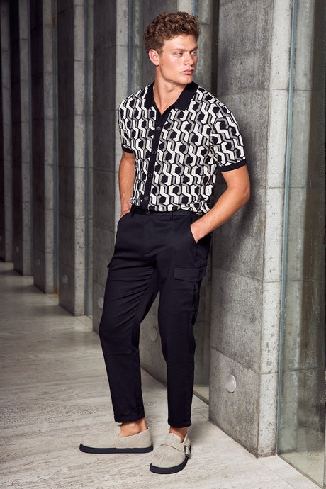 RUBEN COLLARED KNIT TOP - BLACK/SAND