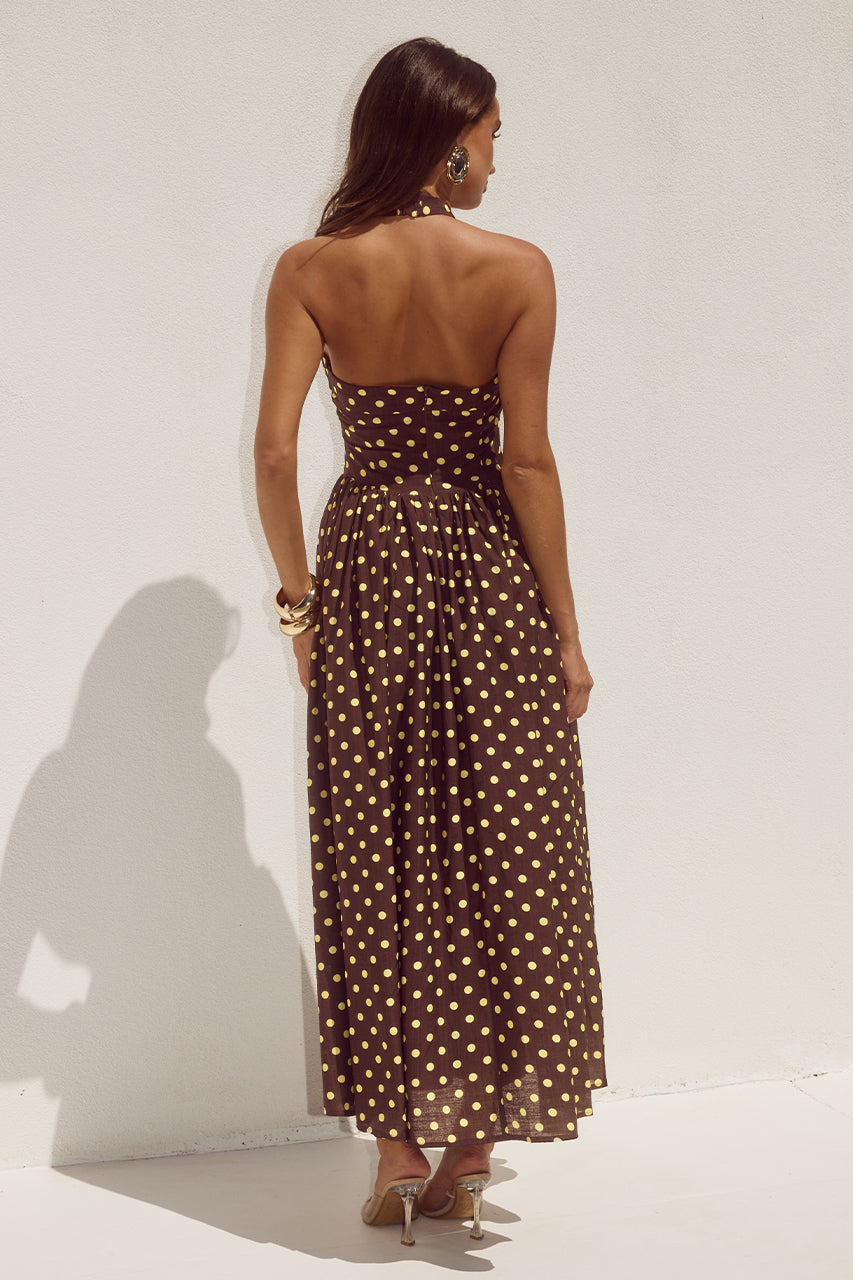 SAMMI HALTER MIDI DRESS - CHOC/LEMON POLKA