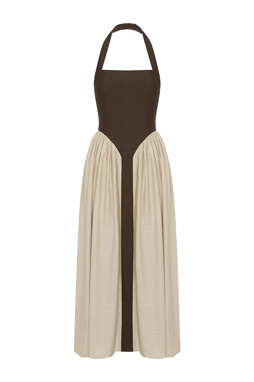 SAMMI HALTER MIDI DRESS - CHOCOLATE/SAND XXL - SAMMIHALTERMIDIDRESS-CHOCOLATE
