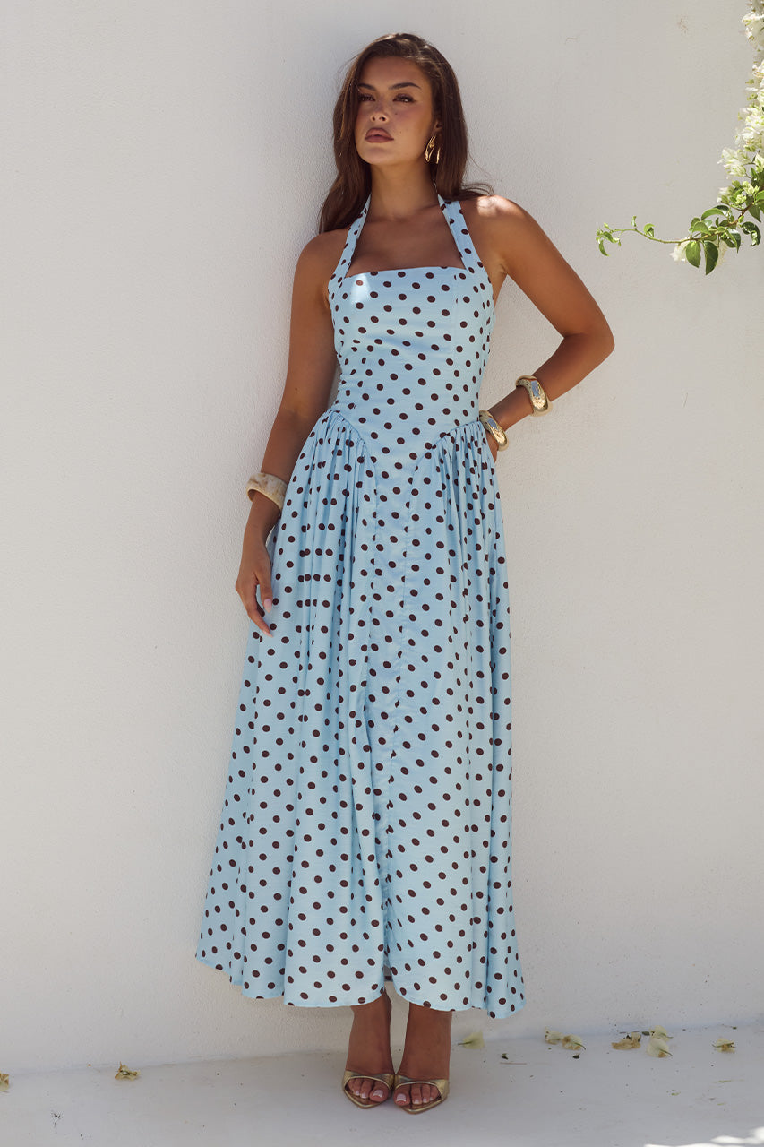 SAMMI HALTER MIDI DRESS - SKY BLUE/CHOC POLKA