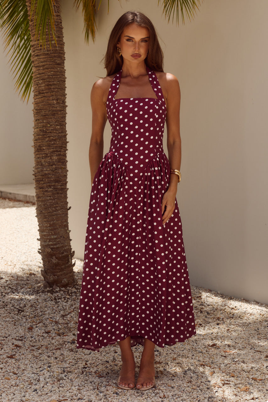 SAMMI HALTER MIDI DRESS - WINE/WHITE POLKA XXL - SAMMIHALTERMIDIDRESS-WINE_WHITEPOLKA