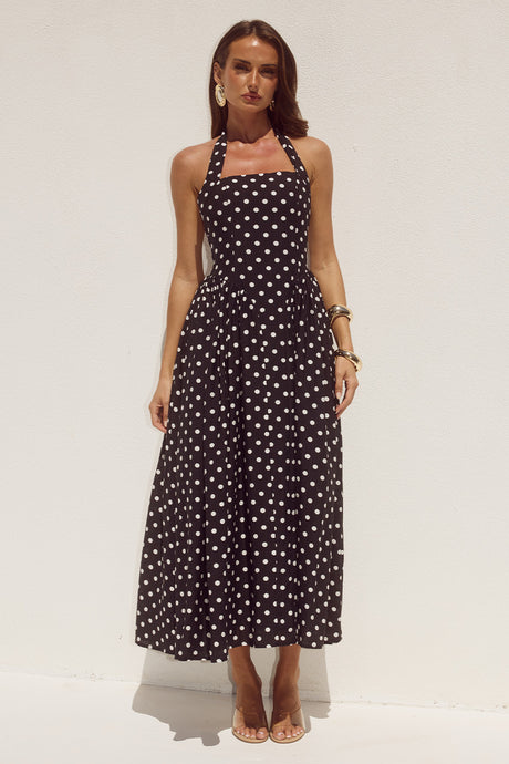 SAMMI HALTER MIDI DRESS - BLACK/WHITE POLKA