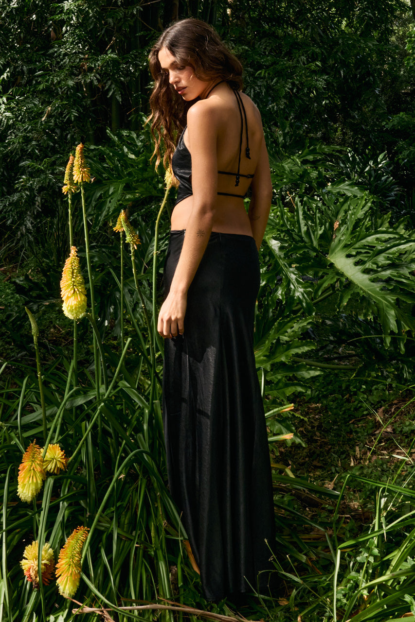 RODIE LOW WAISTED GODET MAXI SKIRT - BLACK - SASHIAHANDKERCHIEFHALTERTOPXRODIELOWWAISTEDGODETMAXISKIRT-BLACK-14