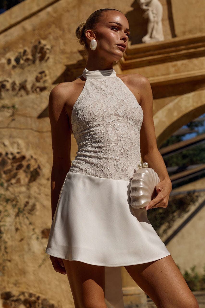 SENNA HALTER OPEN BACK MINI DRESS - WHITE