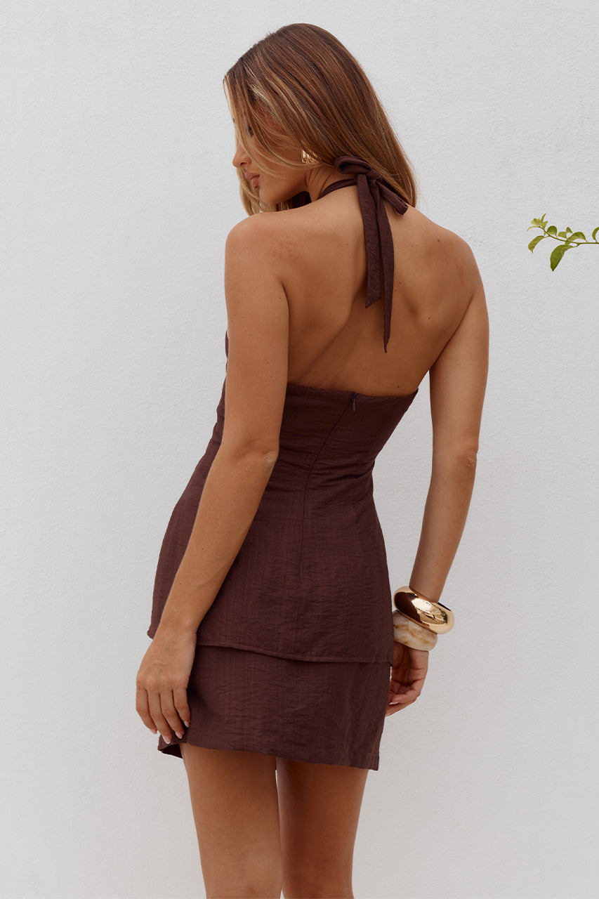 SHELLIE KEYHOLE HALTER TOP - CHOCOLATE - SHELLIEKEYHOLEHALTERTOPXETALLIAELASTICATEDMINISKIRT-CHOCOLATE-5