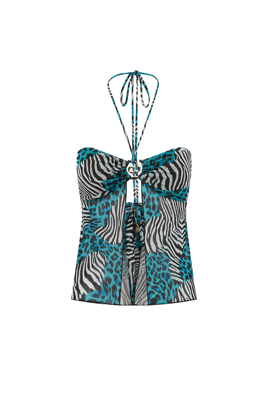 SKYLAR SHEER HALTER SPLIT FRONT TOP - DANTE TEAL - SKYLARSHEERHALTERSPLITFRONTTOP-DANTETEAL
