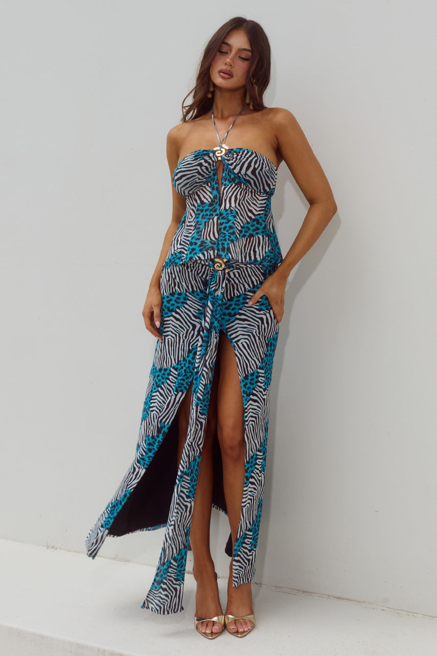 SKYLAR RUCHED MAXI SKIRT - DANTE TEAL - SKYLARSHEERHALTERSPLITFRONTTOPXSKYLARRUCHEDMAXISKIRT-DANTETEAL