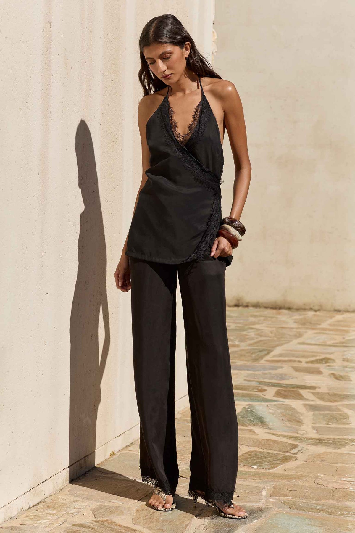TANYA HALTER WRAP TOP - BLACK