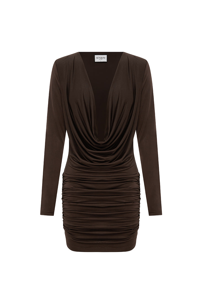 TATE SLEEVED COWL MINI DRESS - BITTER CHOCOLATE - TATESLEEVEDCOWLMINIDRESSBITTERCHOCOLATE_17