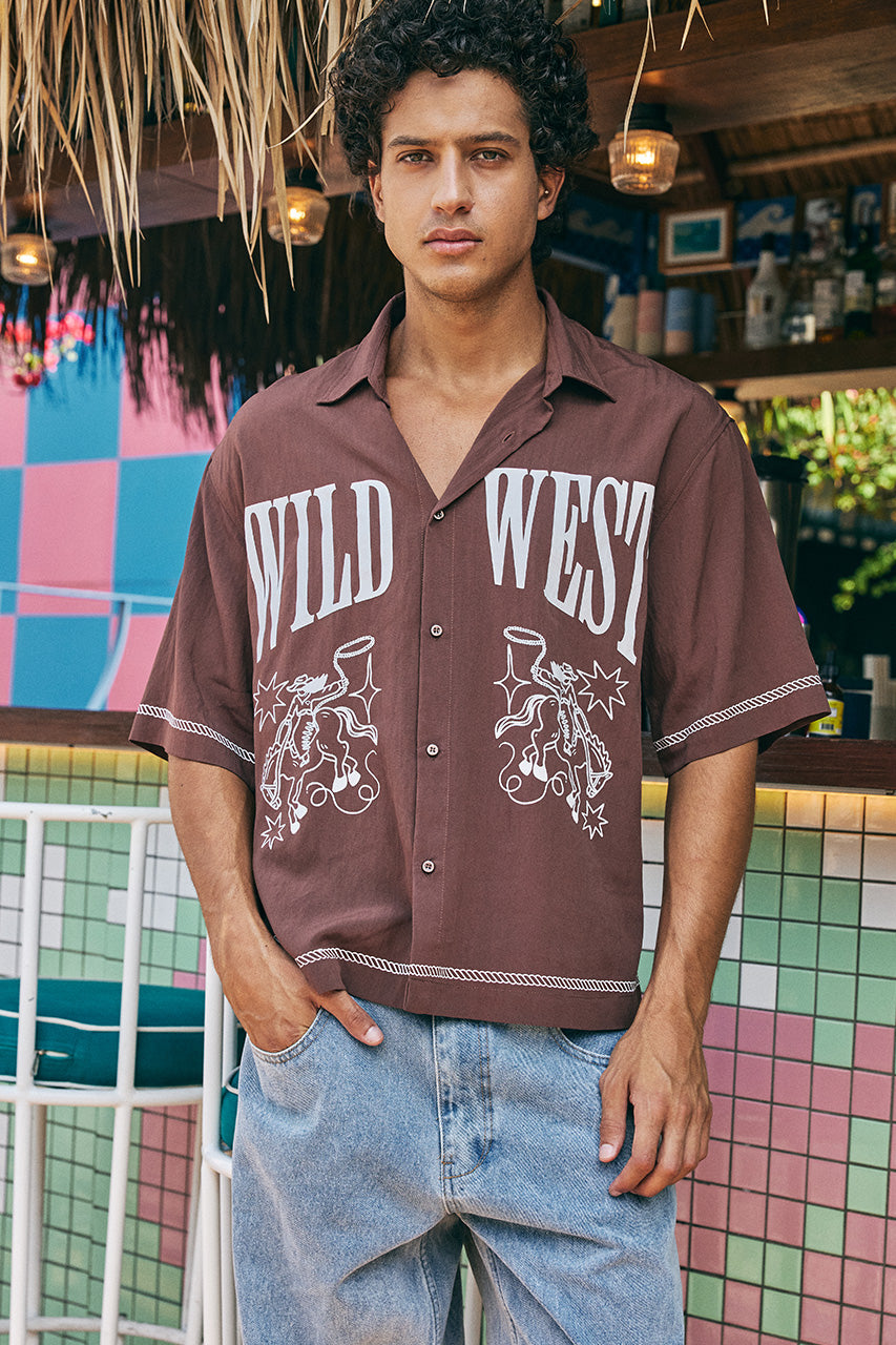 TEXAS WILD WEST SHORT SLEEVE SHIRT - CHOCOLATE - TEXASWILDWESTSHORTSLEEVESHIRT-CHOCOLATEXNICOLOWIDELEGJEANS-BLUEMIDWASH-1