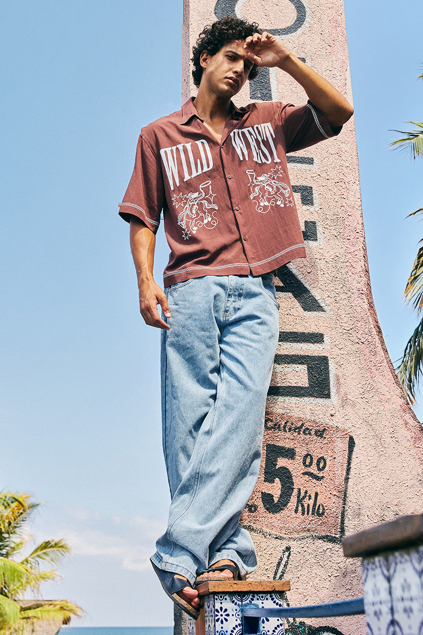 TEXAS WILD WEST SHORT SLEEVE SHIRT - CHOCOLATE - TEXASWILDWESTSHORTSLEEVESHIRT-CHOCOLATEXNICOLOWIDELEGJEANS-BLUEMIDWASH-3