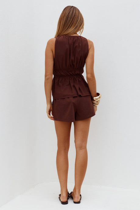 TILKA ELASTICATED TIE WAIST SHORTS - CHOCOLATE