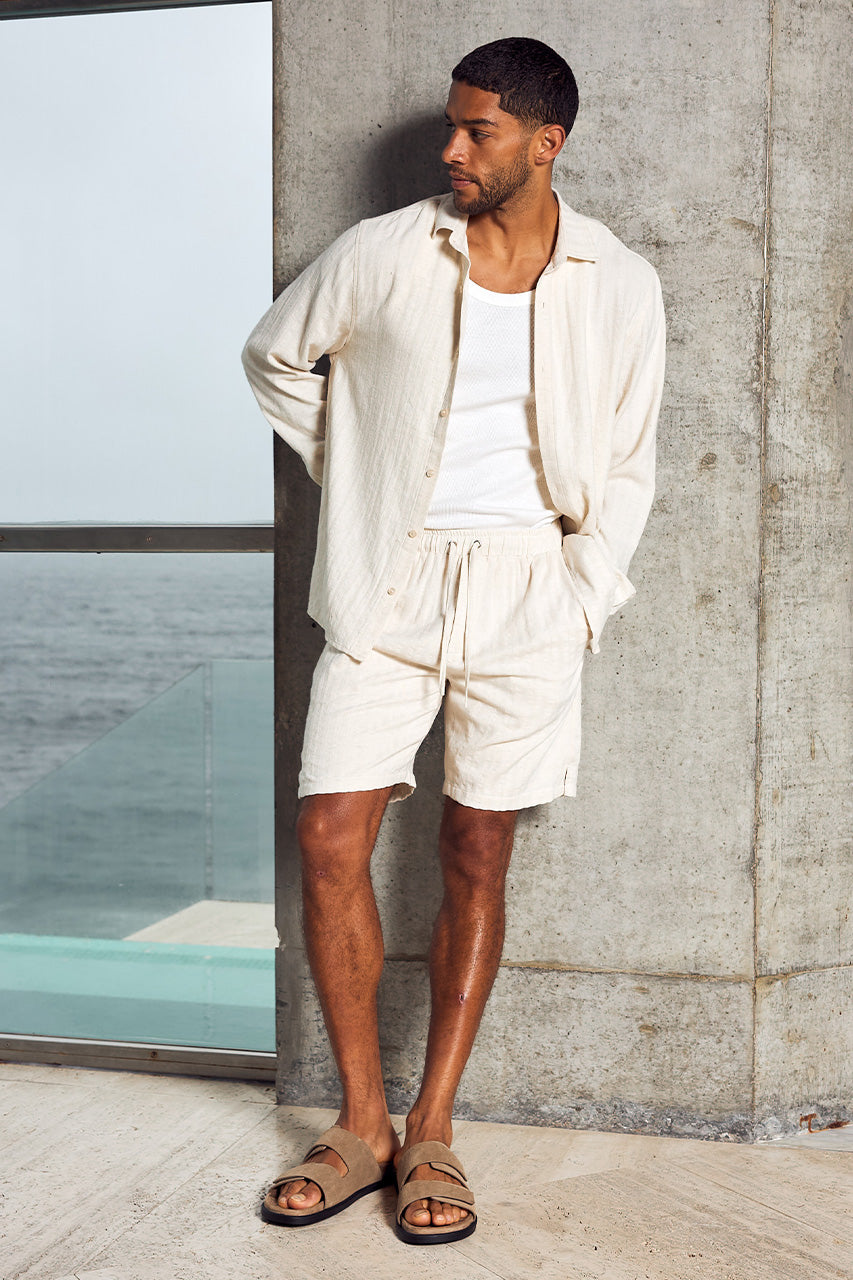 TRISTIAN LONG SLEEVE SHIRT - SAND/WHITE STRIPE - TRISTIANLONGSLEEVESHIRTXTRISTIANDRAWSTRINGSHORT-SAND_WHITESTRIPE-4