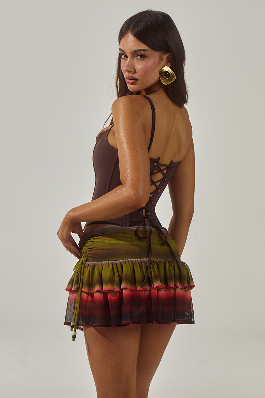 DANIELLA RUCHED RUFFLE MINI SKIRT - ANABELL RED - VALERIELACETRIMBUSTIER-CHOCOLATEXDANIELLARUCHEDRUFFLEMINISKIRT-ANABELLRED-4_46d1dcec-4826-41f2-8ab4-7e1774b0b678