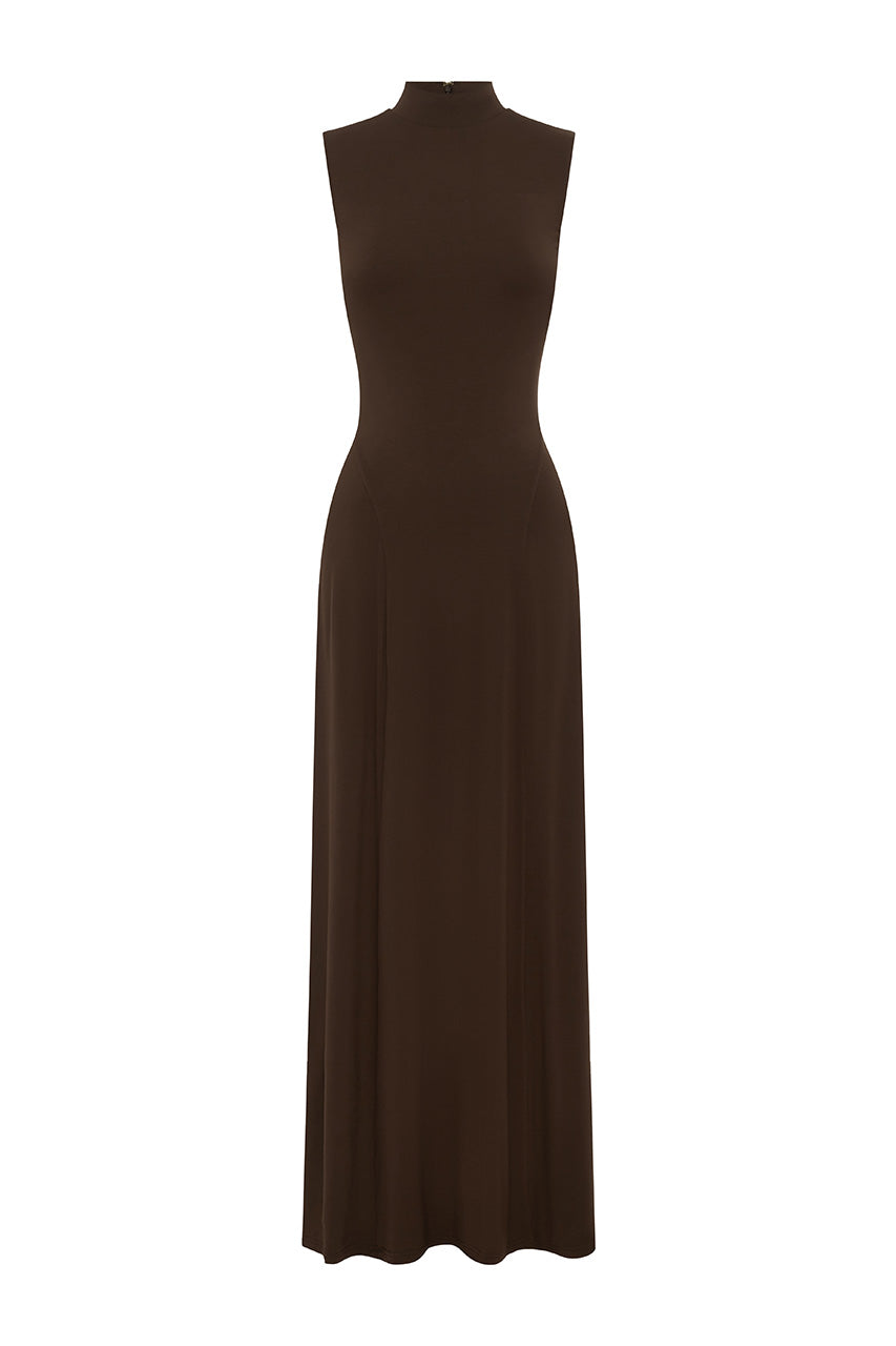 VAYDA HIGH NECK MAXI DRESS - BITTER CHOCOLATE - VAYDAHIGHNECKMAXIDRESS-BITTERCHOCOLATE