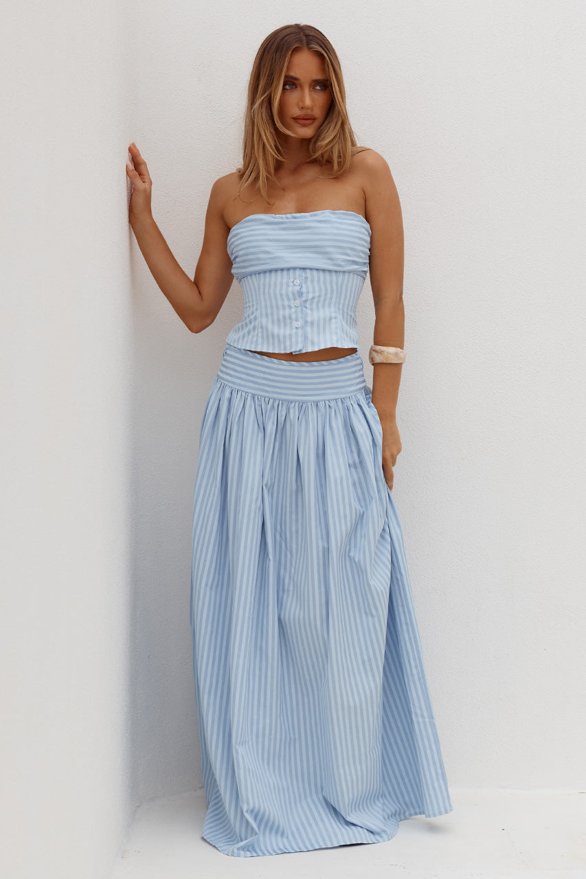 VELORA RUCHED BUST STRAPLESS TOP - BLUE STRIPE XXL - VELORARUCHEDBUSTSTRAPLESSTOPXHANNAHSOFTPLEATA-LINEMAXISKIRT-BLUESTRIPE-1