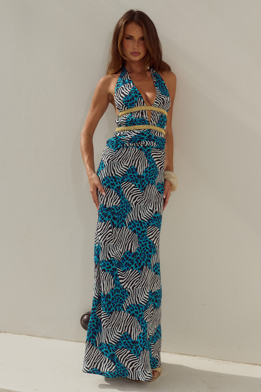 XYLIA HALTER LOW PLUNGE MAXI DRESS - DANTE TEAL