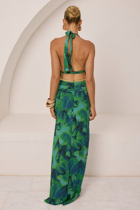 XYLIA HALTER LOW PLUNGE MAXI DRESS - CALISTA GREEN