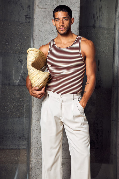 ZAIN RIBBED SINGLET - CHOC STRIPE