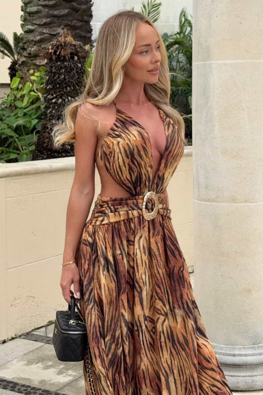 FONTANA DEEP PLUNGE MAXI DRESS - TIGRESS BROWN - allieauton-FontanaMaxiDressTigressBrown