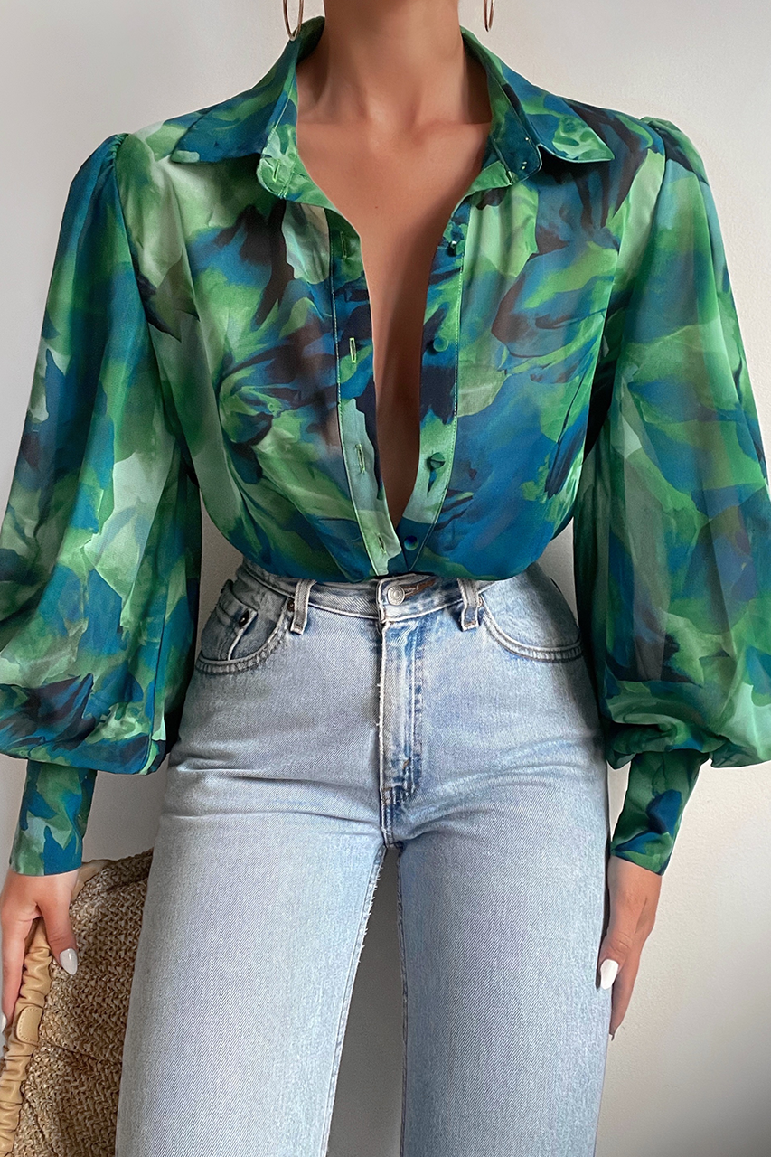 Calista Shirt - Green Floral - calista_blouse_green